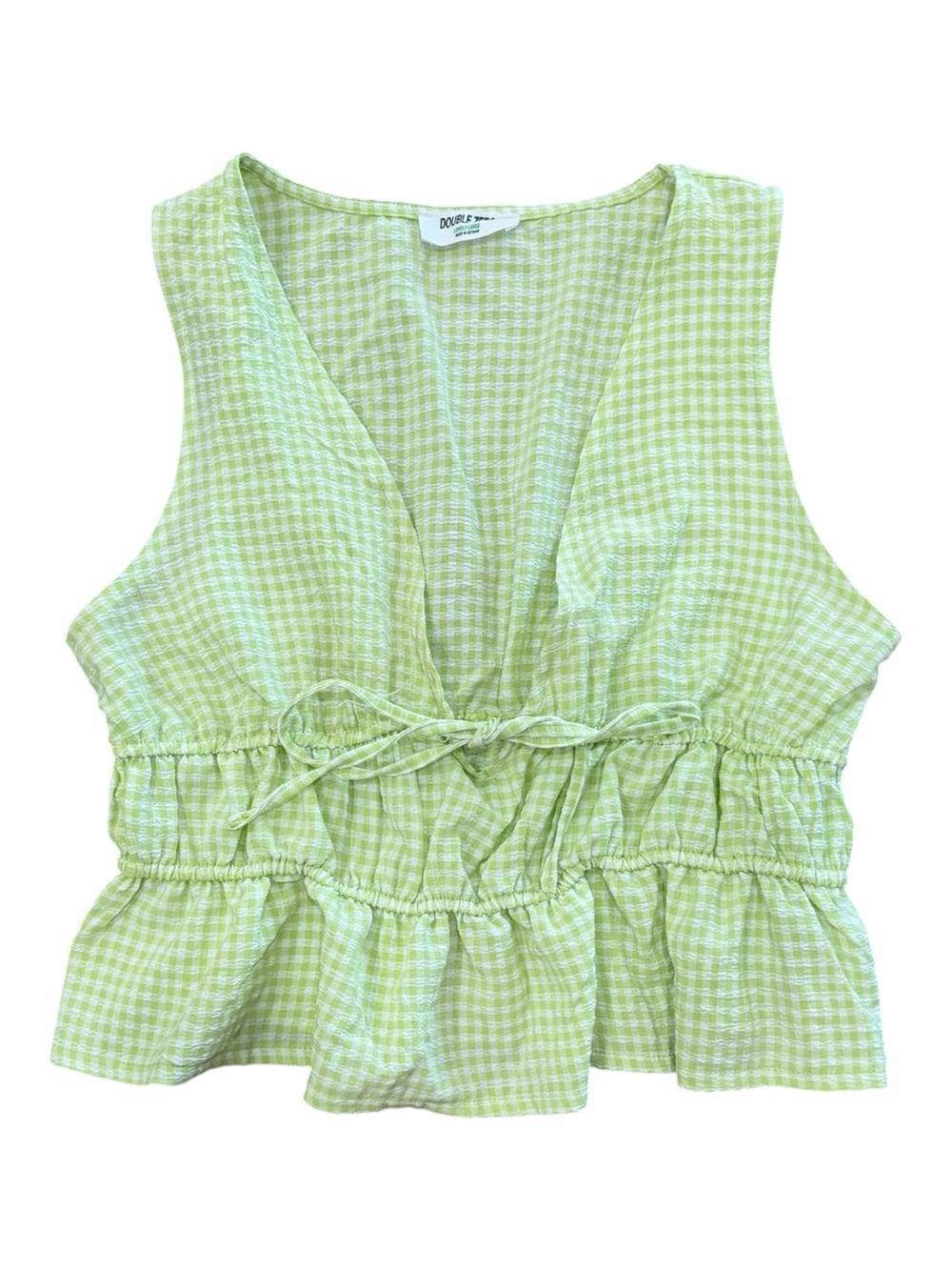 Double Zero Light Green Gingham Tie-Waist Peplum Tank L